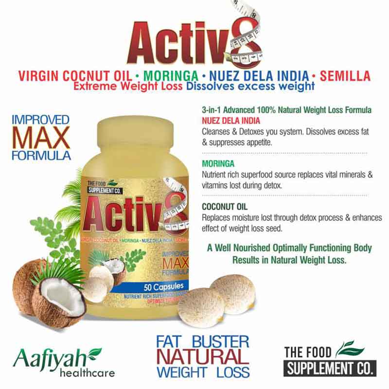 Aafiyah Healthcare Activ8 50 Capsules Cleanses and Detox your system, dissolves excess fat and assists with appetite. Assists with weight loss