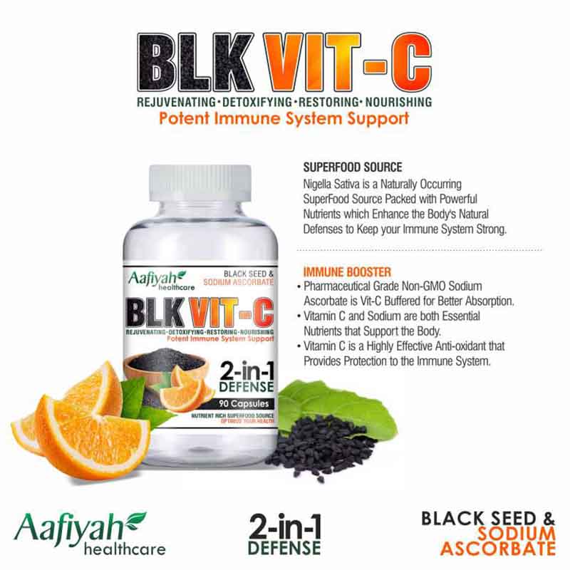 Aafiyah Healthcare Blk Vit-C Capsules Combines vitamin C and black seed for immune support, antioxidant protection, and overall wellness