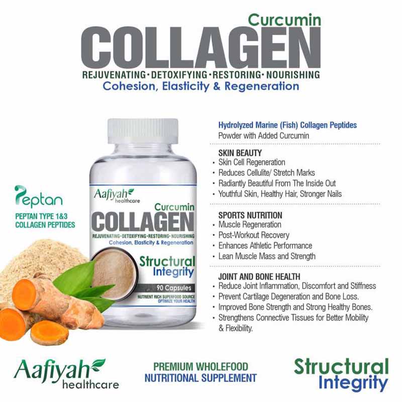 Marine Collagen with Curcumin. For healthy skin, hair, nails and bones. Assists with inflammation. Energy recovery.