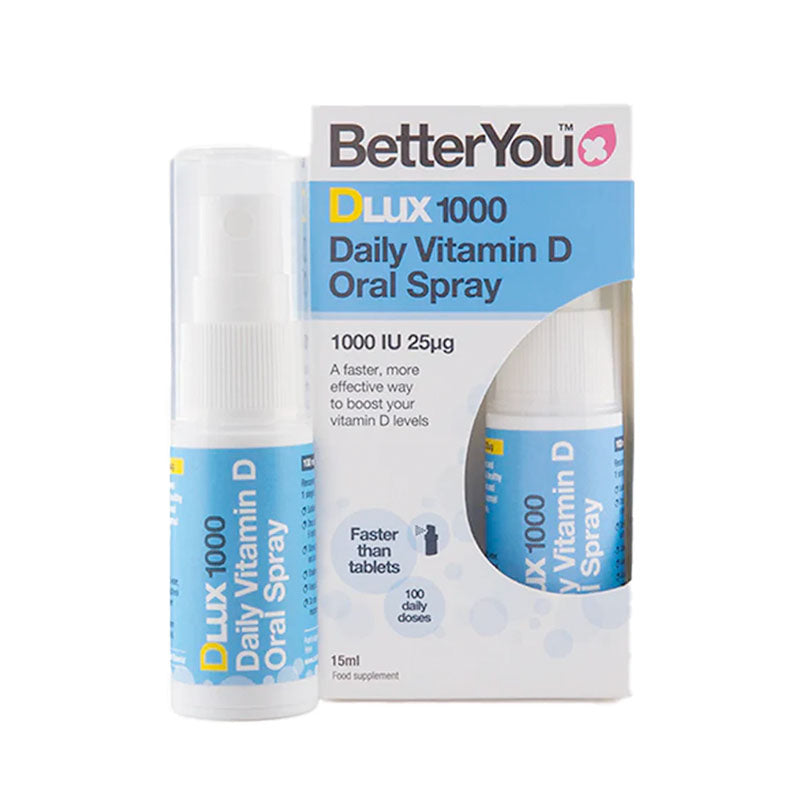 Packaging and bottle of BetterYou DLUX 1000 Daily Vitamin D Oral Spray, displaying the product name and dosage information.
