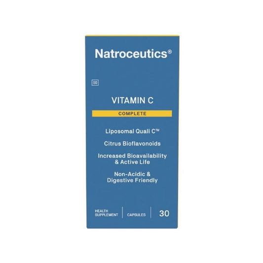 A box of Natroceutics Vitamin C Complete containing 30 capsules, with a blue and white color scheme and branding information.