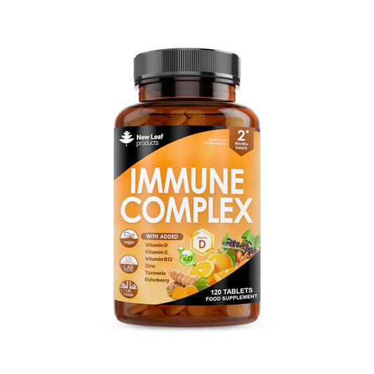 A bottle of New Leaf Immune Complex supplements with a label showing various nutrients like vitamins and minerals, alongside an illustration of a orange and a leaf.
