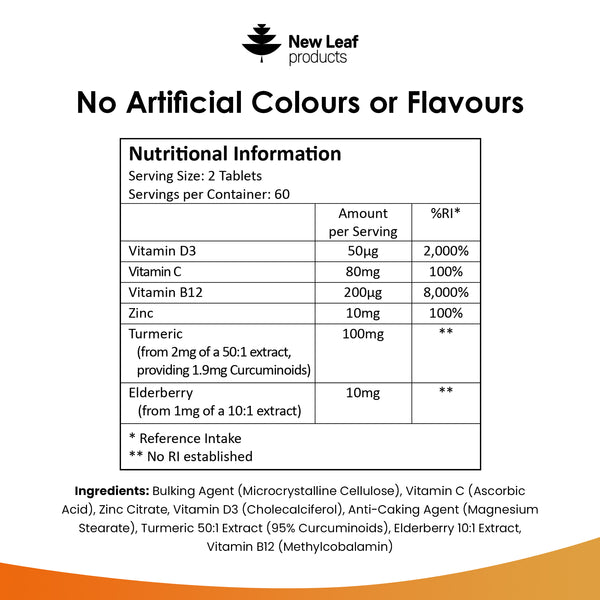 A bottle of New Leaf Immune Complex supplements with a label showing various nutrients like vitamins and minerals, alongside an illustration of a orange and a leaf.