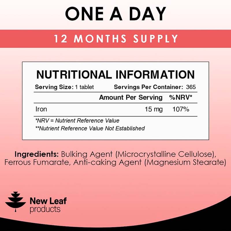 A bottle of New Leaf Iron Ferrous Fumarate 15mg 365 Tablets, with labeling that includes the product name, dose, and a symbol representing iron.