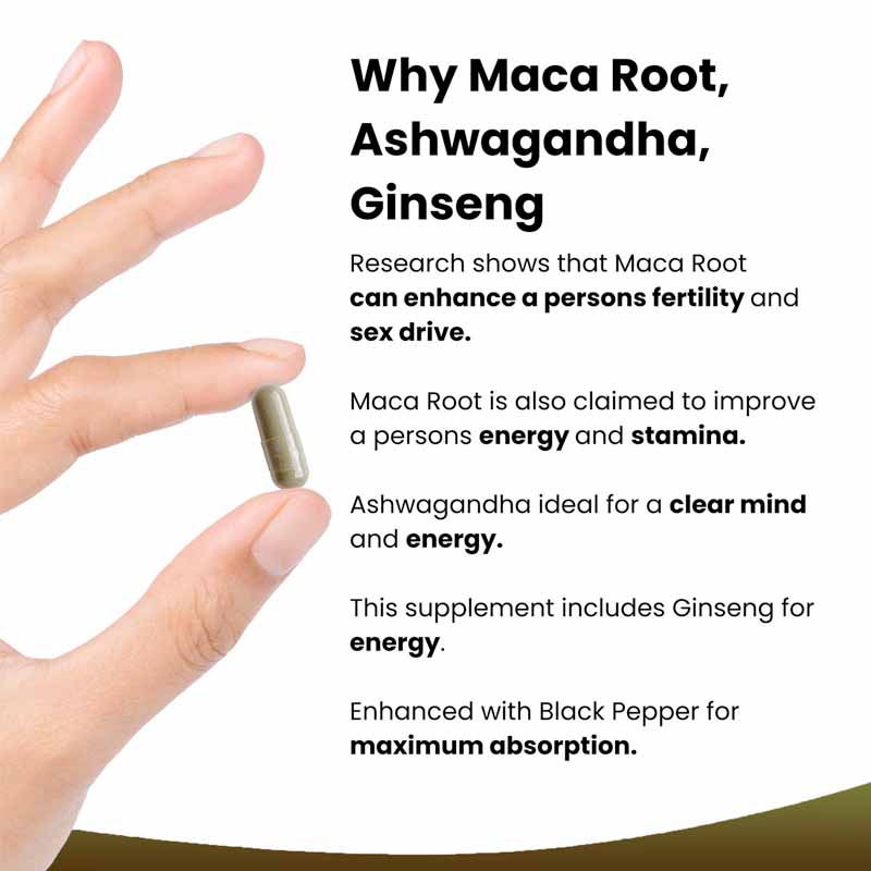 A bottle of New Leaf Maca Root supplement with 6000mg of maca root, KSM Ashwagandha, and Ginseng, containing 180 tablets for energy and well-being.