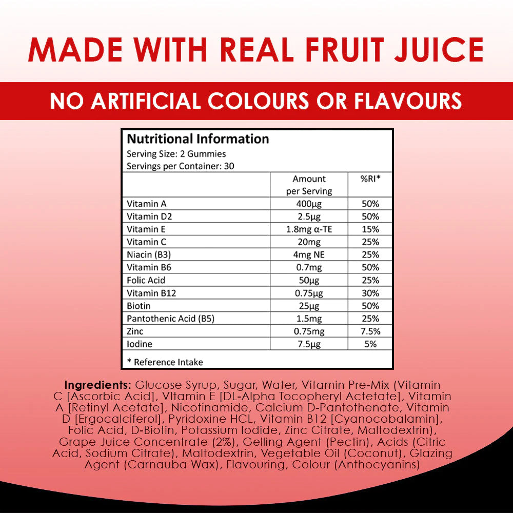 A bottle of New Leaf Multivitamin Gummies for Adults and Teens, with 60 chewable tablets inside. The label on the bottle indicates that they are vegan, and have natural berry flavors.