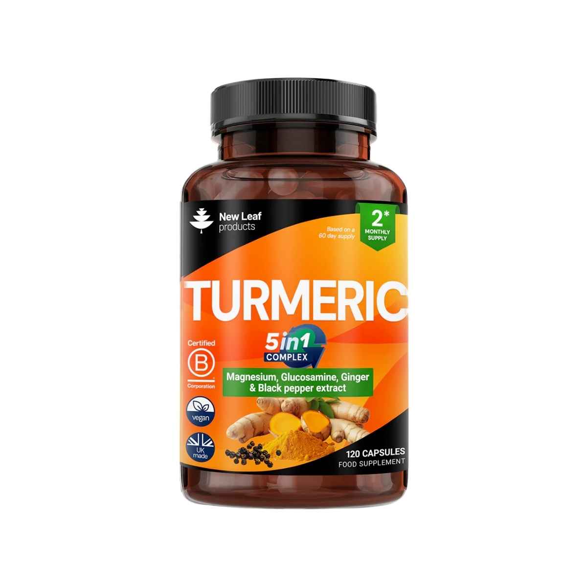 A bottle of New Leaf Turmeric 5 in 1 Complex, featuring an orange label with text and an image of the turmeric root. The bottle is sealed and displays 120 capsules inside.