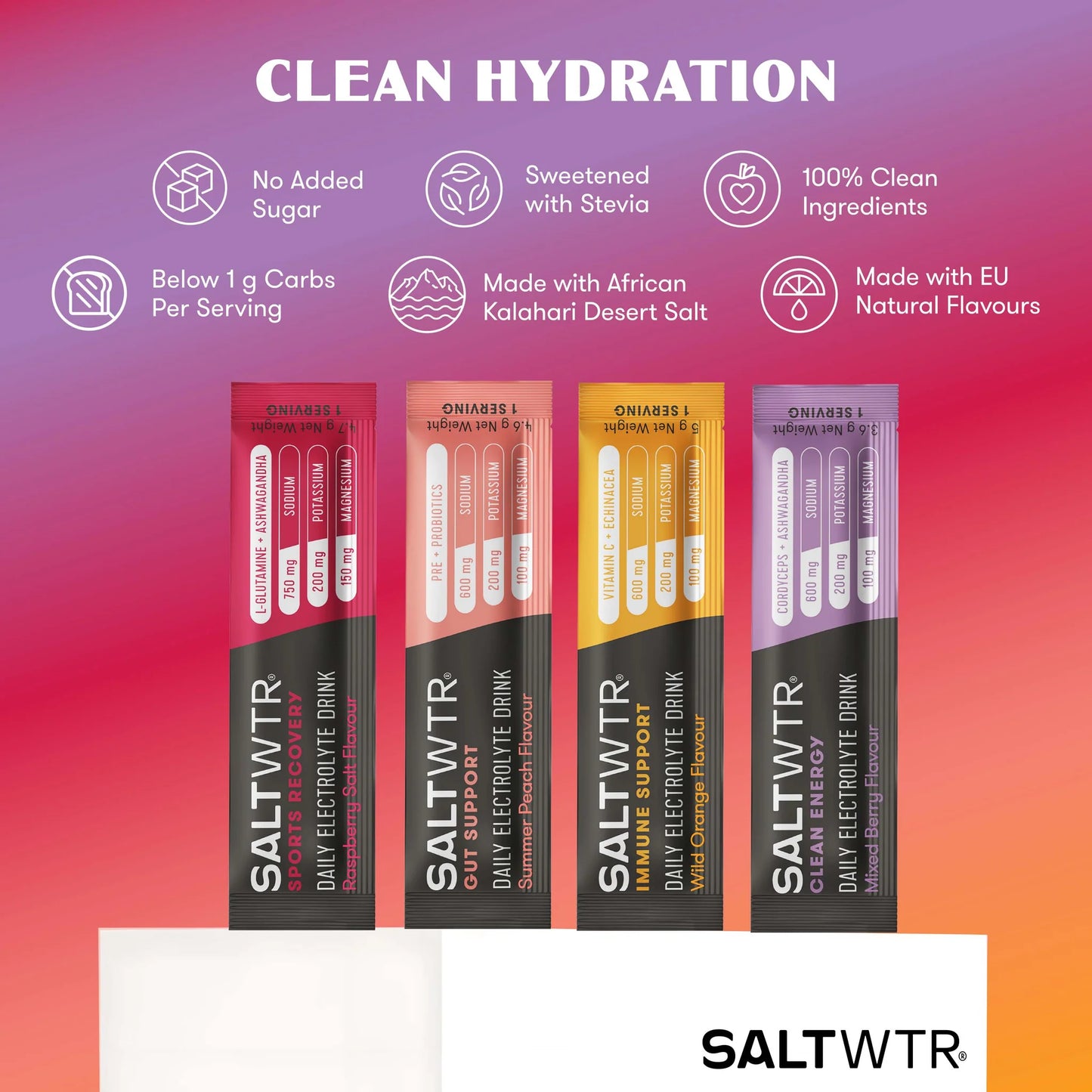 SaltWTR Daily Electrolyte Drink in Raspberry, Summer Peach, Wild Orange and Mixed Berry flavor, marketed for sports recovery.