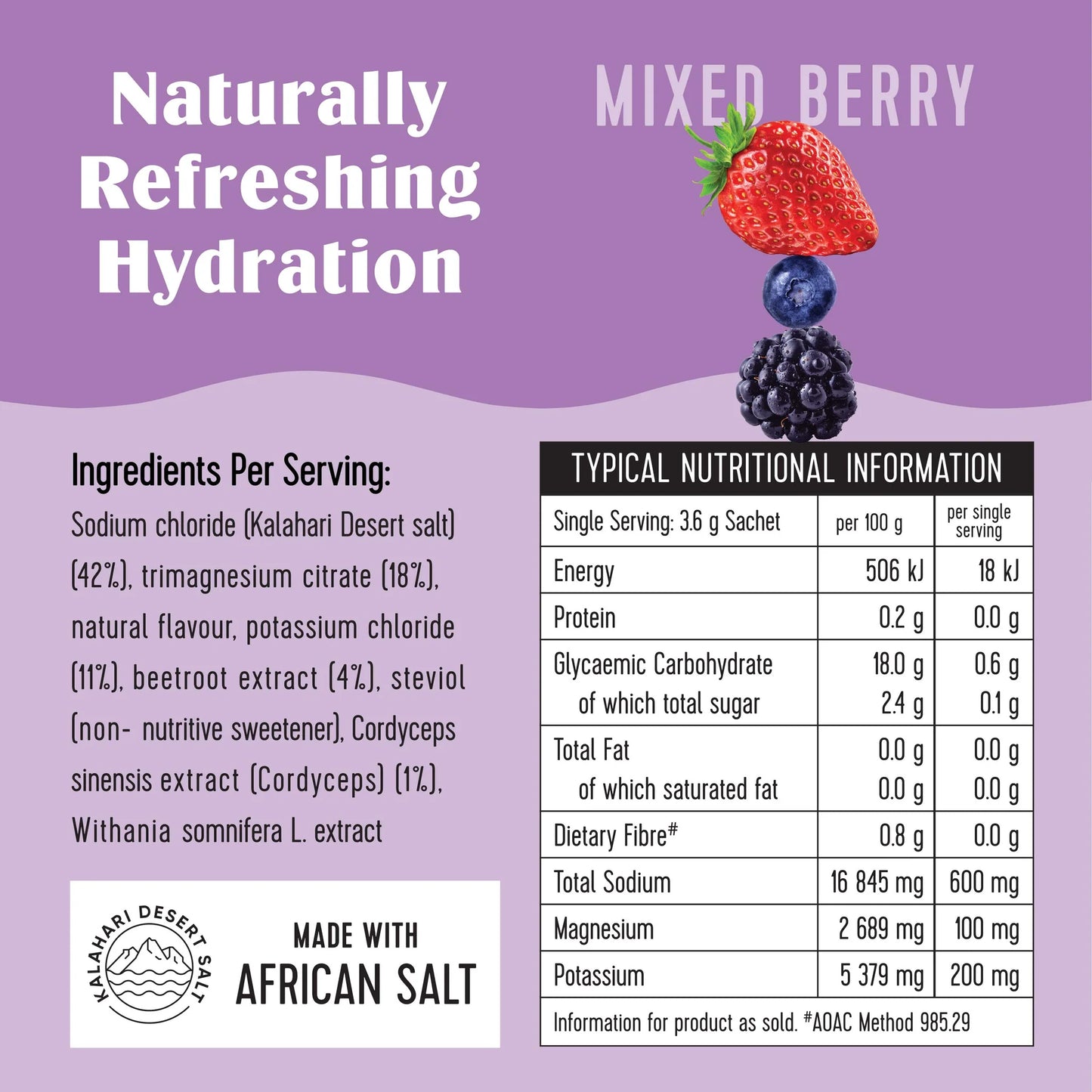 A package of SaltWTR Daily Electrolytes in Mixed Berry flavor with 8 servings, marketed as a clean energy drink. Nutritional Ingredients