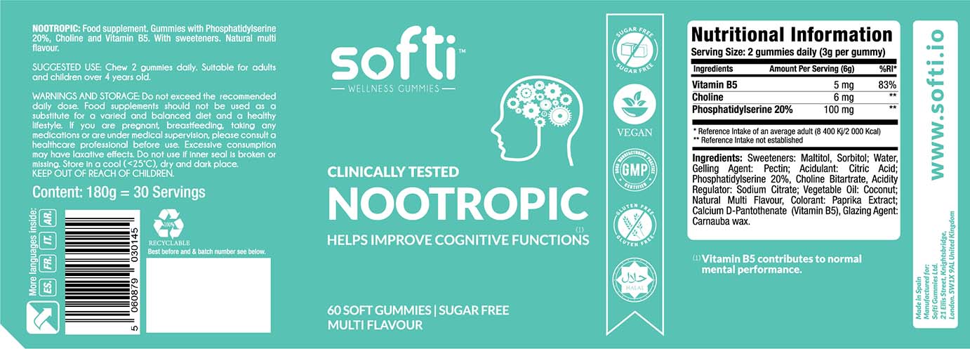 Nutritional ingredients for Softi Nootropic, 60 Soft Gummies, For Enhanced Cognitive Function