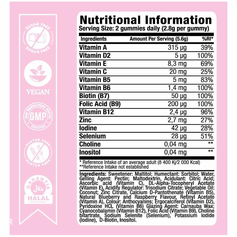Nutritional Ingredients and information of Softi Hair Skin and Nails 60 Soft Halal Gummies, For Hair, Skin and Nail Health