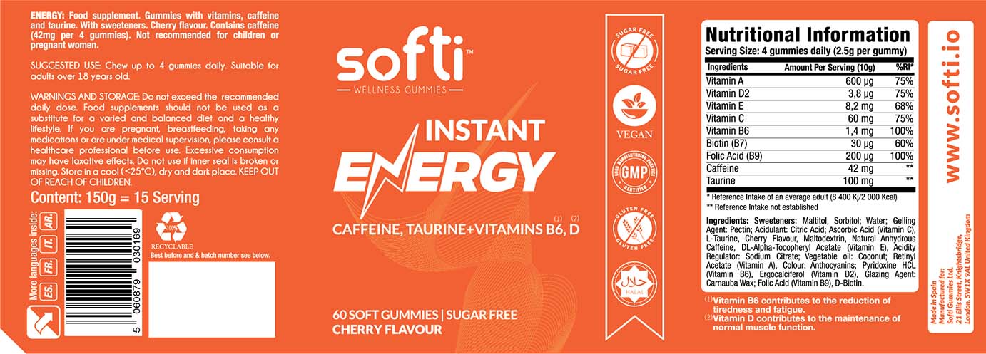 Nutritional Ingredients of Softi Instant Energy Vitamin Halal Soft Gummies