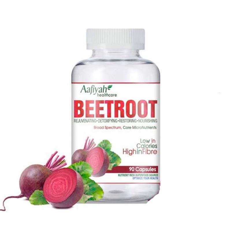 A bottle of Aafiyah Healthcare Beetroot 90 Capsules, with an image of beetroot on the label, indicating the product's main ingredient and nutritional benefits.
