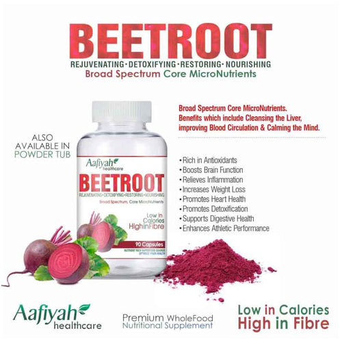 Aafiyah Healthcare Beetroot Capsules Boosts energy and assists with endurance, with nutrient-rich beetroot. Nutritional Information