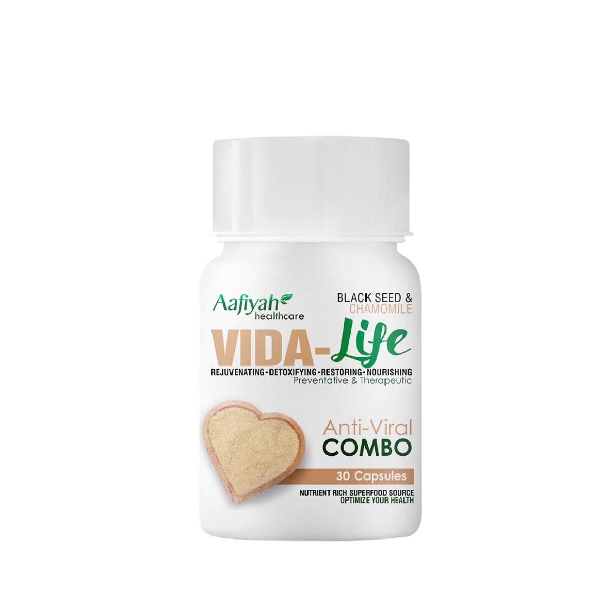 Aafiyah Healthcare Vida-Life Capsules Blend of black seed and chamomile powder to support immunity, relaxation, and overall wellness naturally