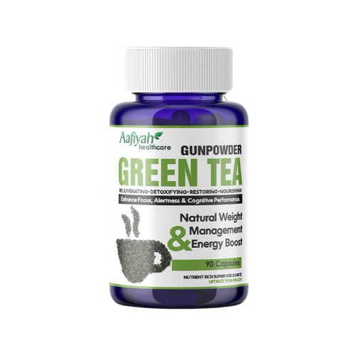 A bottle of Aafiyah Healthcare Green Tea capsules on a white background