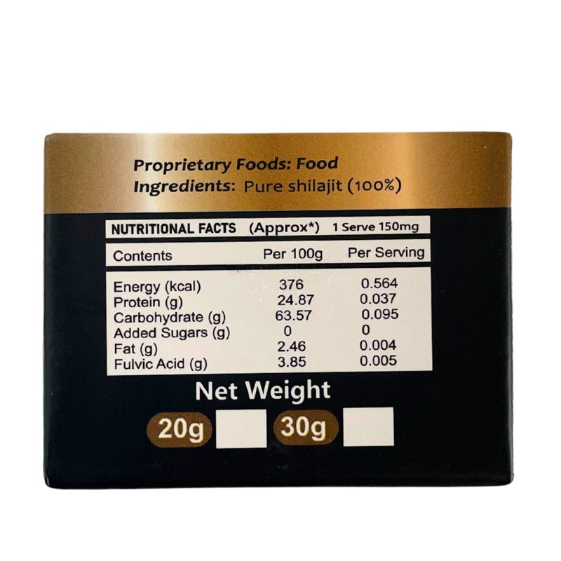 Aafiyah Healthcare K2 Pure Shilajit rich in fulvic acid and minerals to support energy, stamina, cognitive function, and overall wellness.  Nutritional Information