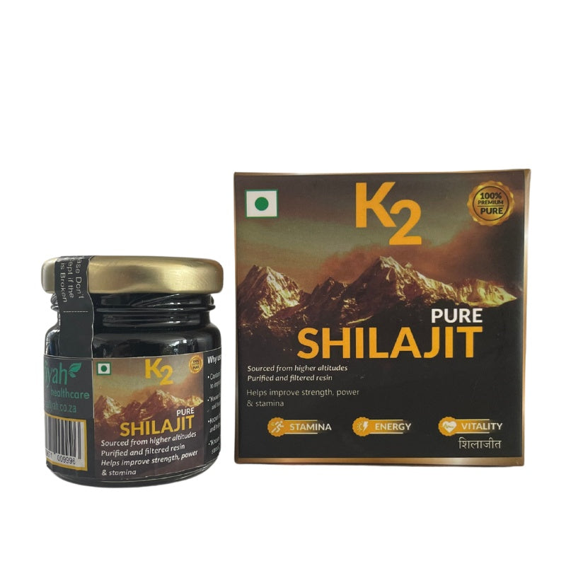Aafiyah Healthcare K2 Pure Shilajit rich in fulvic acid and minerals to support energy, stamina, cognitive function, and overall wellness.