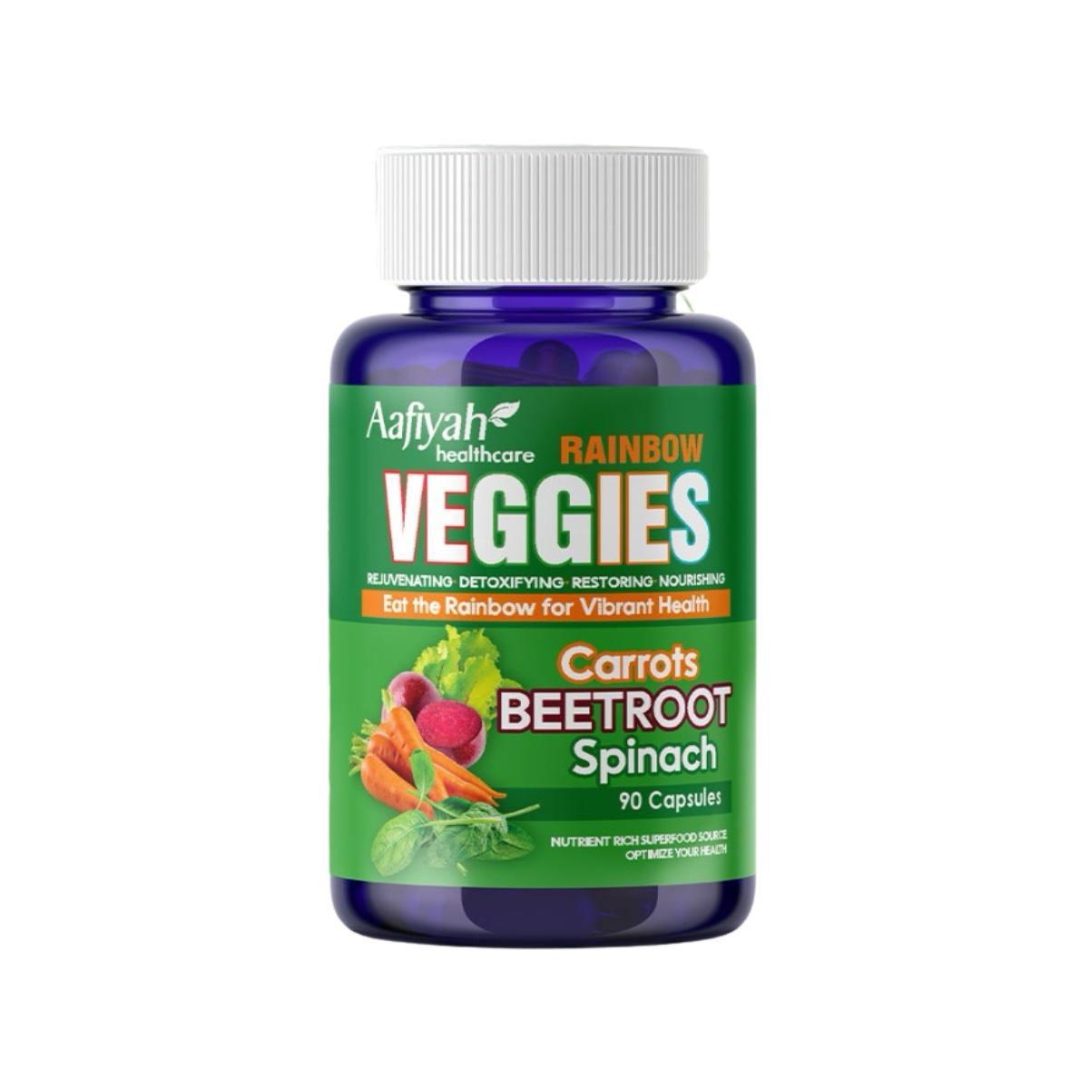 Aafiyah Rainbow Veggies is a plant-based supplement made with beetroot, carrot, and spinach extracts.