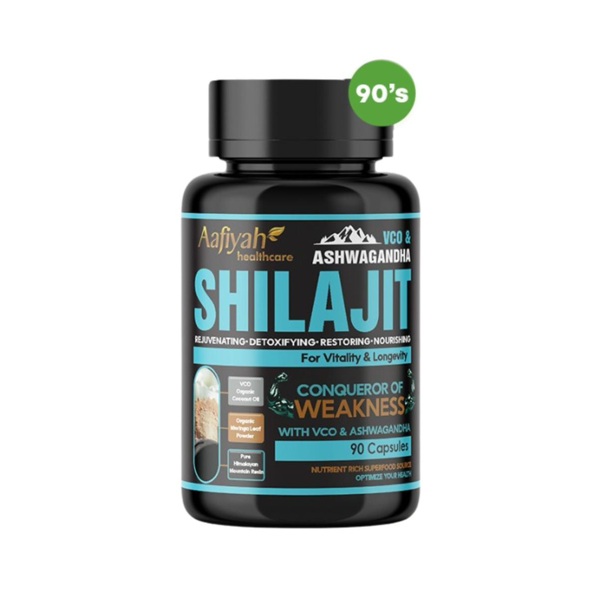 A bottle Aafiyah Healthcare Shilajit with Coconut Oil and Ashwagandha may support natural energy, stamina, and wellness with clean, traditional herbal ingredients.