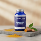 Genologix Curcumin supplement bottle with turmeric roots and powder on a stone surface.