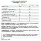 Nutritional information table for gummies with serving size, energy, protein, carbohydrates, and other details.