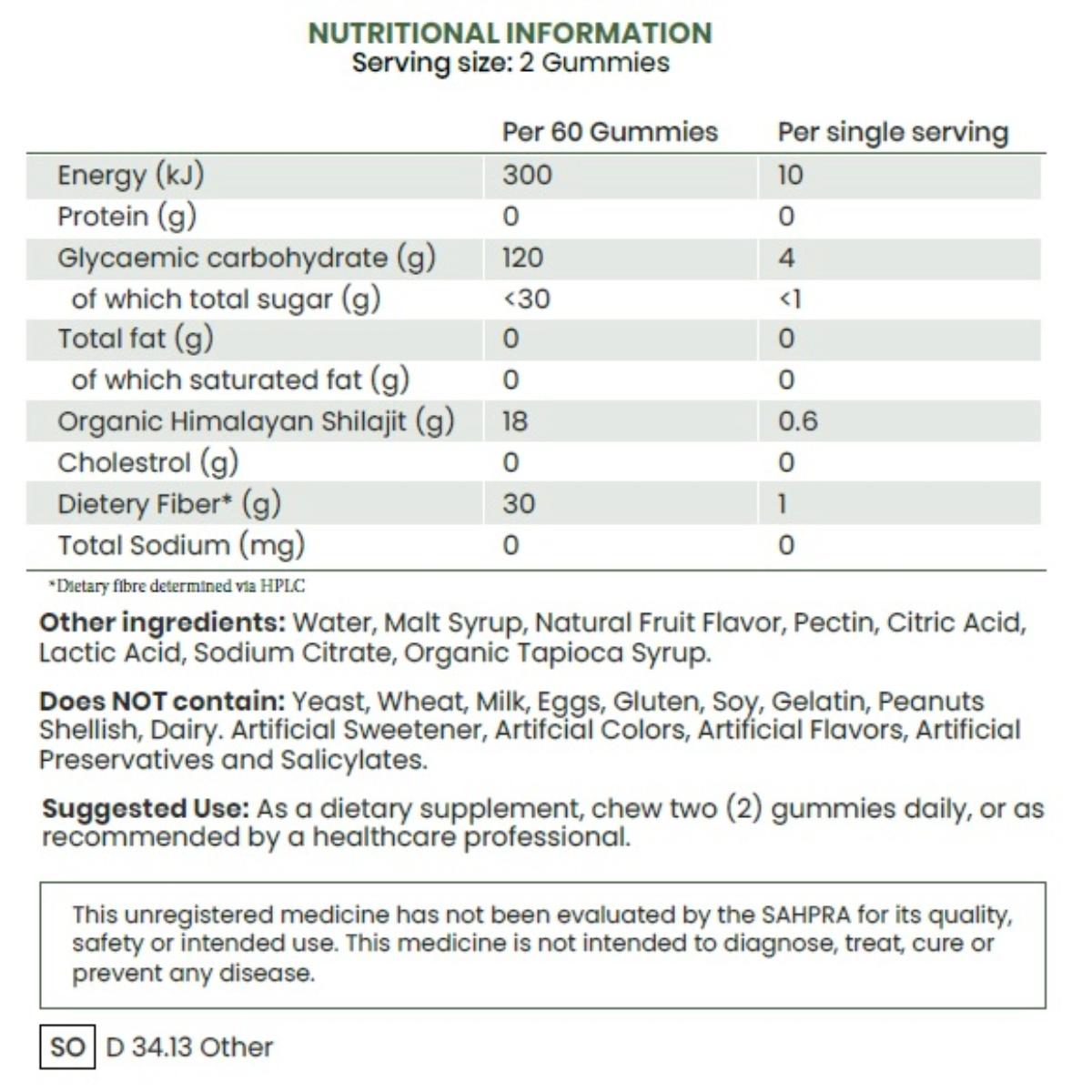 Nutritional information table for gummies with serving size, energy, protein, carbohydrates, and other details.