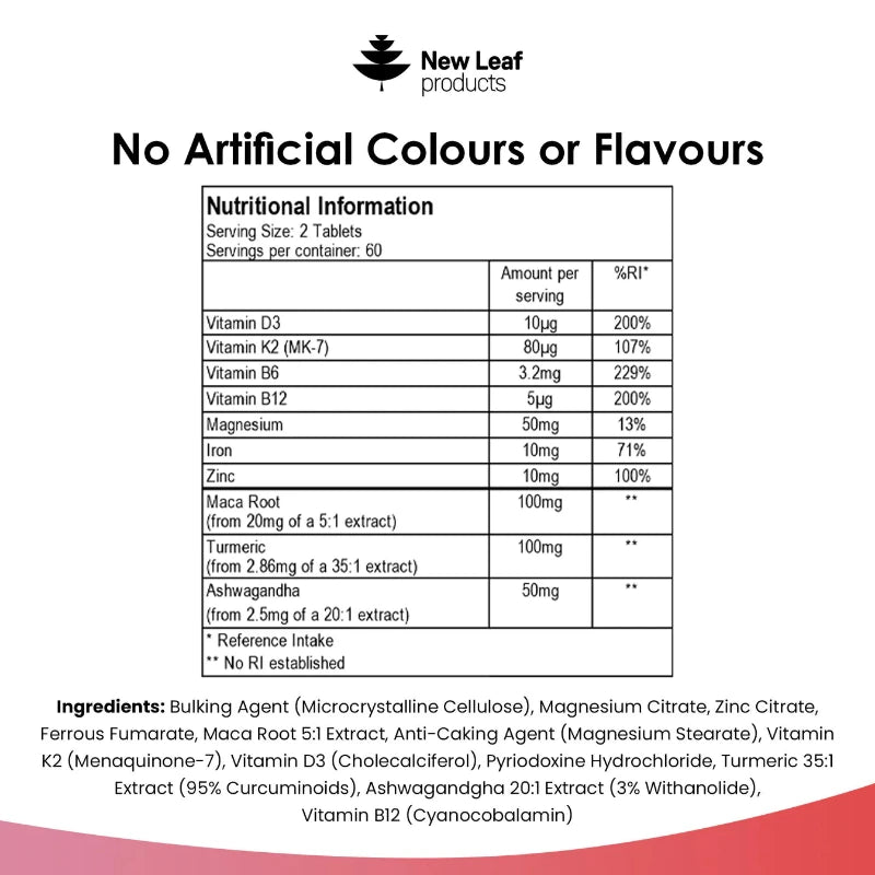 A bottle of New Leaf Menopause Complex Tablets with a label showing the product name, images of turmeric, ashwagandha, and maca root, and additional details such as '120 Tablets' and '2 Month Supply'.