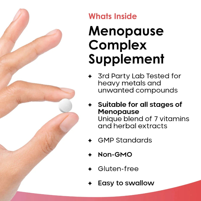 A bottle of New Leaf Menopause Complex Tablets with a label showing the product name, images of turmeric, ashwagandha, and maca root, and additional details such as '120 Tablets' and '2 Month Supply'.