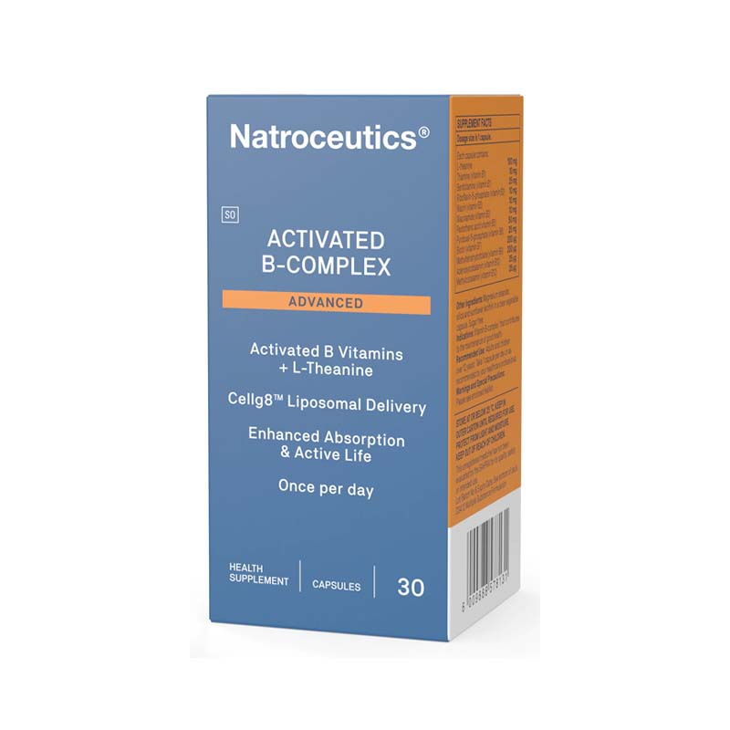 A box of Natroceutics Activated B-Complex Advanced 30 capsules, with orange and blue color scheme and health-related text on the packaging.