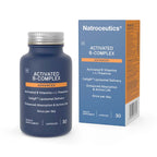 Packaging of Natroceutics Activated B-Complex Advanced with 30 capsules for a one-month supply, emphasizing enhanced absorption and active life with added L-theanine.
