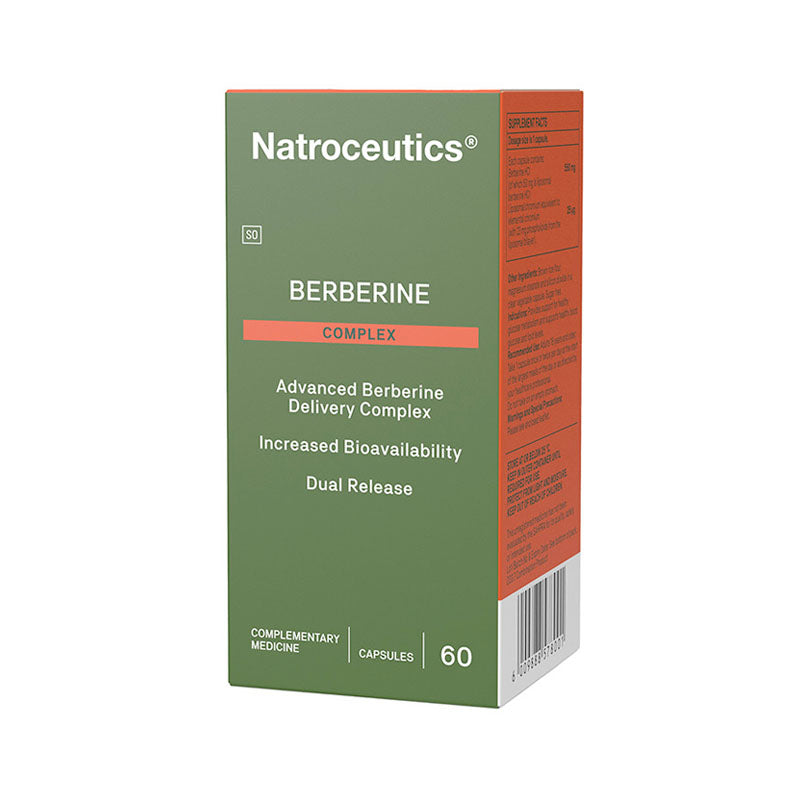 A box of Natroceutics Berberine Complex capsules, with 60 capsules indicated for advanced berberine delivery complex to improve metabolic biovalibility and dual release.
