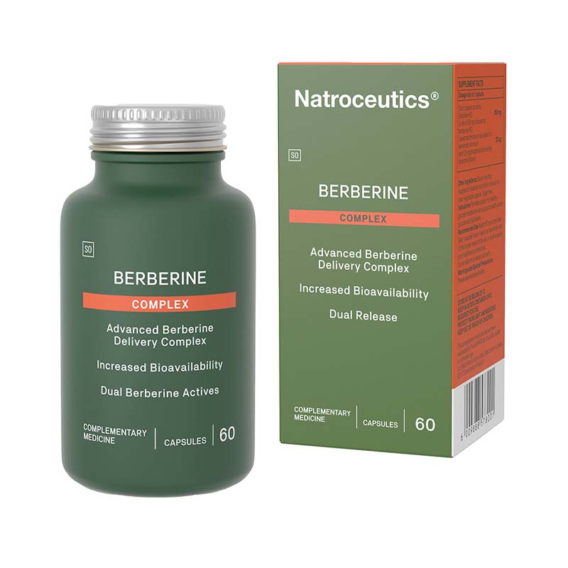 A box of Natroceutics Berberine Complex capsules, with 60 capsules inside. The packaging is green with white and red text, indicating the product is an advanced berberine delivery complex with increased bioavailability and dual release.