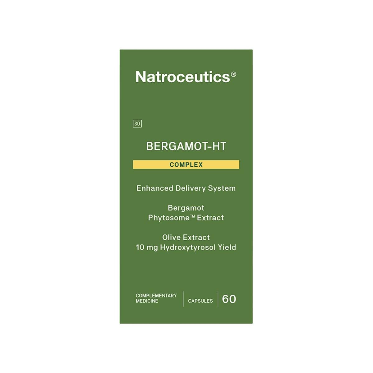 Green supplement package labeled 'Natroceuticals' with text about Bergamot-HT Complex on a white background.