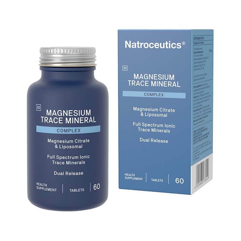 Packaging of Natroceutics Magnesium Trace Mineral Complex, displaying the product name, benefits, and dosage information. The package is blue with white and red text and indicates 60 capsules are included.