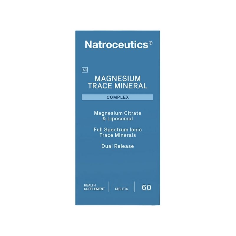 Packaging of Natroceutics Magnesium Trace Mineral Complex, displaying the product name, benefits, and dosage information. The package is blue with white and red text and indicates 60 capsules are included.