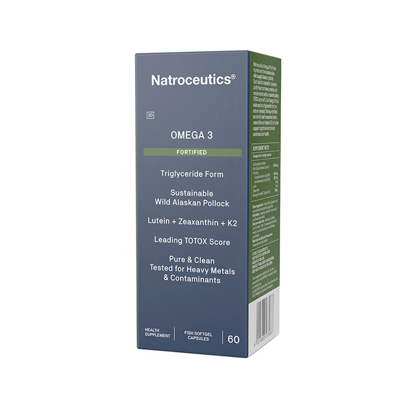 Box of Natroceutics Omega 3 Fortified softgel capsules with 60 capsules for a 2-month supply. The box is blue with green text and an image of fish oil supplements.
