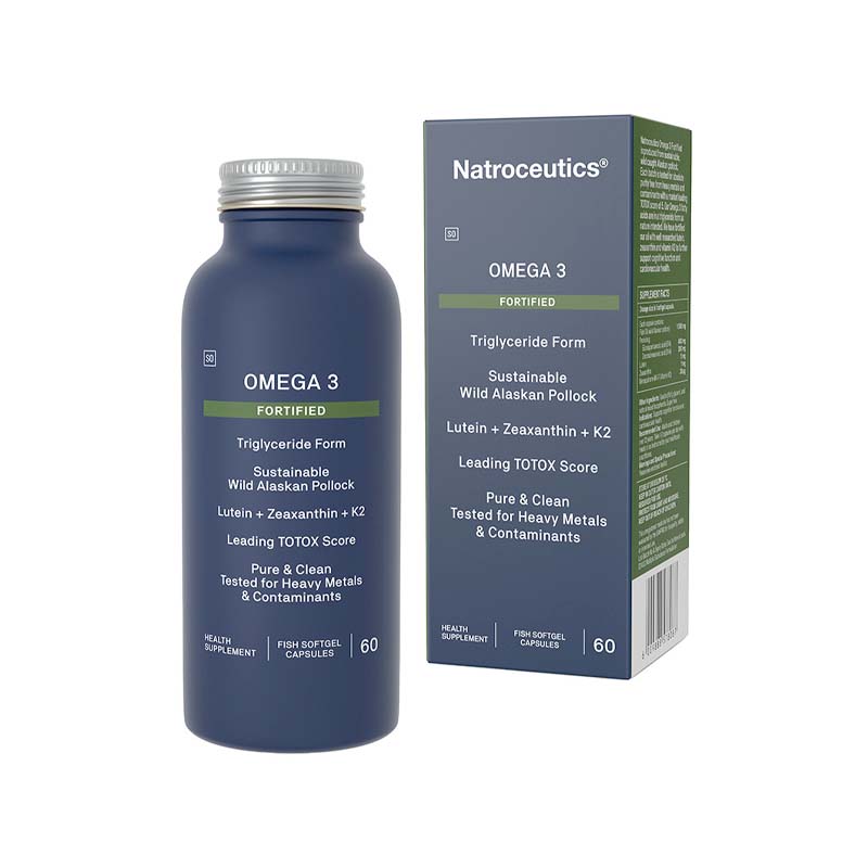 A product image featuring a box of Natroceutics Omega 3 Fortified softgel capsules. The packaging is blue and white with text detailing the product's benefits and specifications.