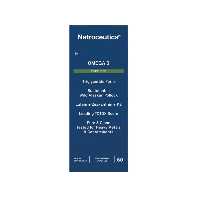A product image featuring a box of Natroceutics Omega 3 Fortified softgel capsules. The packaging is blue and white with text detailing the product's benefits and specifications.