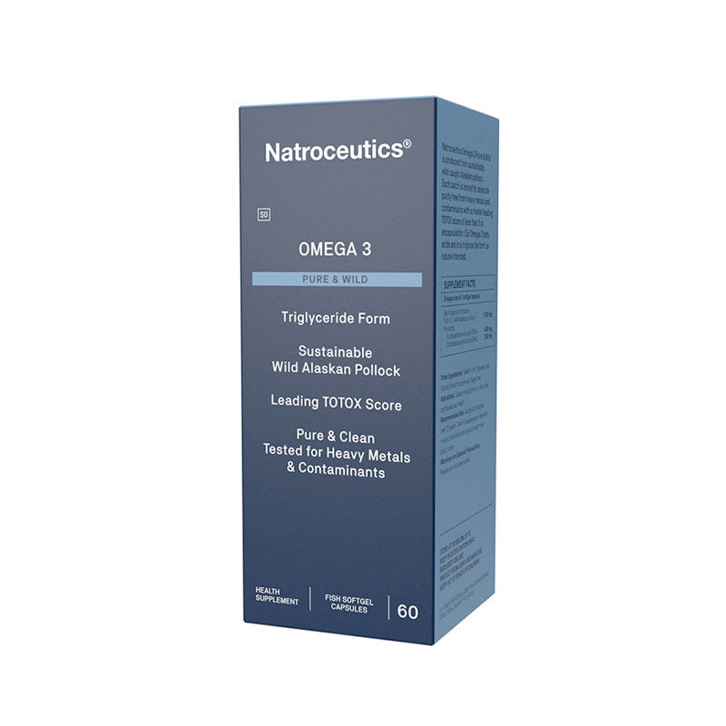 Box of Natroceutics Omega 3 Pure & Wild softgel capsules with 60 capsules for joint and heart health, labeled as sustainable, wild caught Alaskan pollock, pure and clean.
