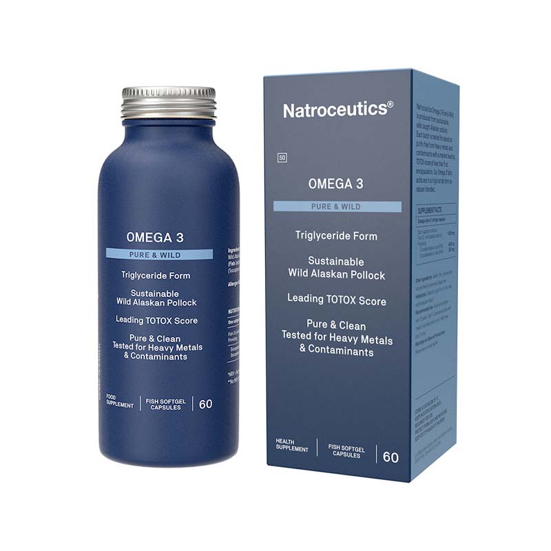 Box of Natroceutics Omega 3 Pure & Wild softgel capsules with 60 capsules for joint and heart health, labeled as sustainable, wild caught Alaskan pollock, pure and clean.