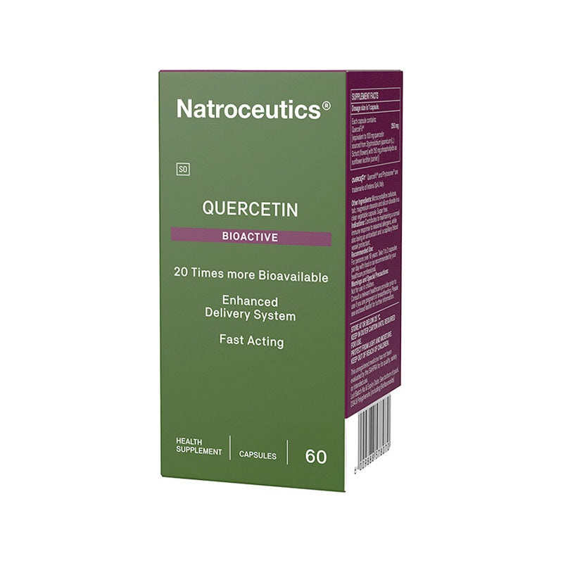 Box of Natroceutics Quercetin Bioactive 60 Capsules with information about the product being a bioavailability enhanced delivery system for quercetin.