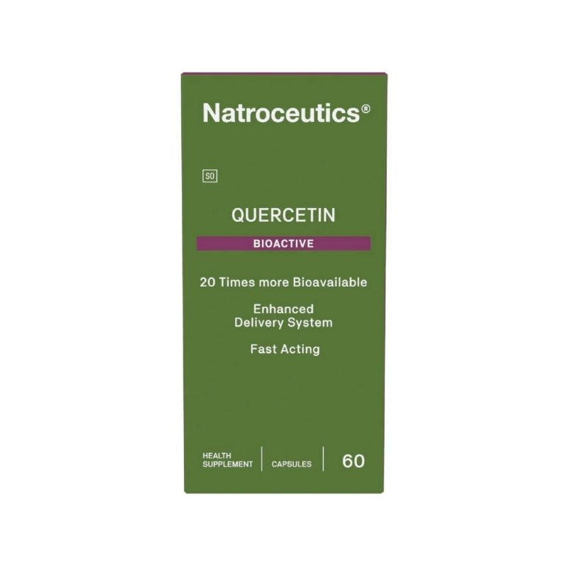 A box of Natroceutics Quercetin Bioactive capsules, with 60 capsules inside. The packaging is green with white and red text, indicating the product is a health supplement with fast-acting properties.