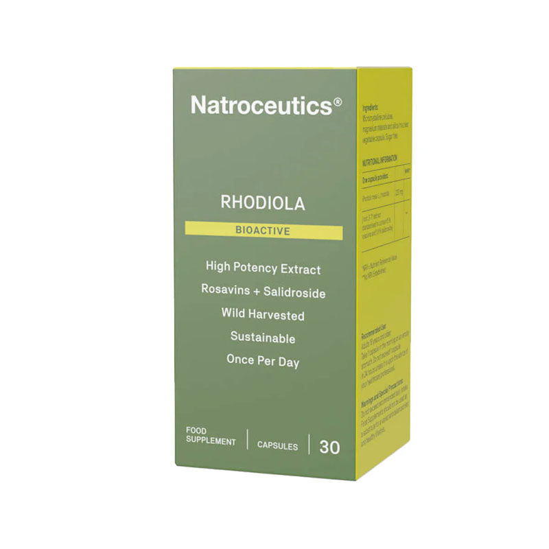 A box of Natroceutics Rhodiola Bioactive capsules, with a green and yellow label indicating 30 capsules, once a day usage, and labeled as sustainable and wild-harvested.