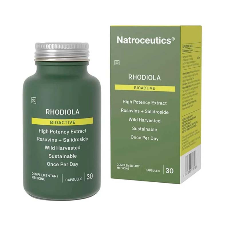 A package of Natroceutics Rhodiola Bioactive capsules, with 30 capsules provided in a green and white container.