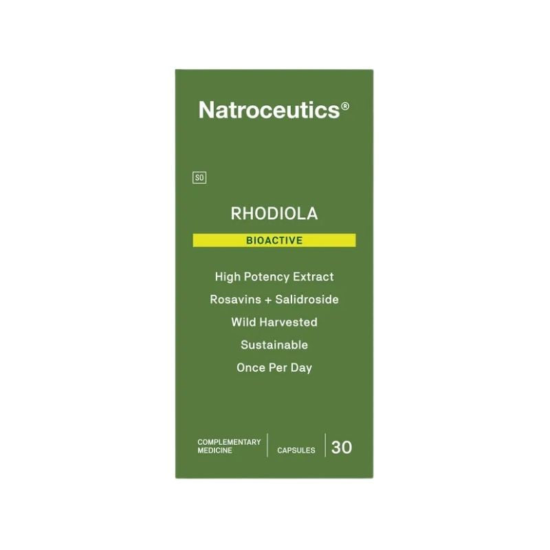 A package of Natroceutics Rhodiola Bioactive capsules, with 30 capsules provided in a green and white container.