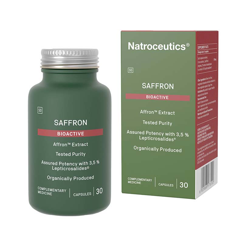 A box of Natroceutics Saffron Bioactive capsules, with 30 capsules inside. The packaging is green with the product name and description clearly displayed.