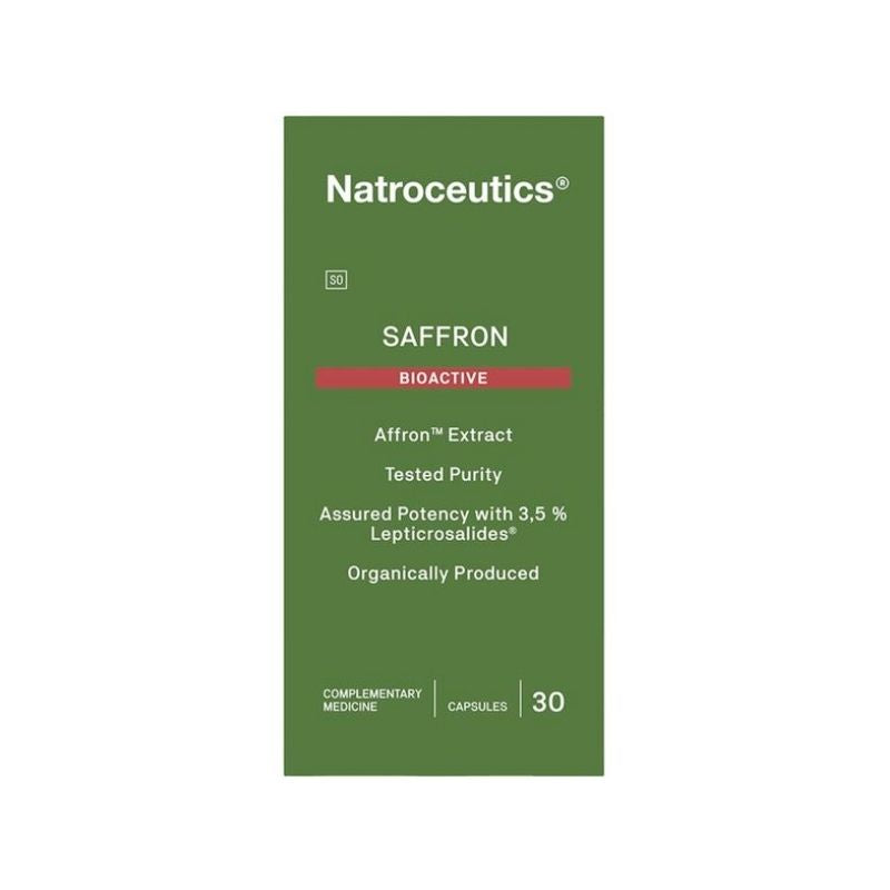 A box of Natroceutics Saffron Bioactive capsules, with 30 capsules inside. The packaging is green with the product name and description clearly displayed.