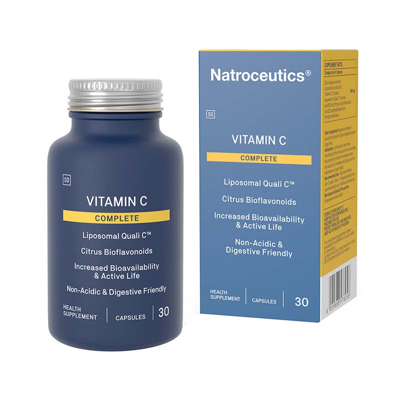 A box of Natroceutics Vitamin C Complete liposomal capsules, 30 capsules per bottle, with information about the product being non-acidic, digestive friendly, and having vitamin C with citrus bioflavonoids for immune support.