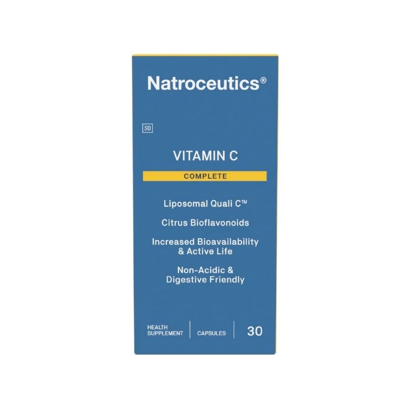 A box of Natroceutics Vitamin C Complete containing 30 capsules, with a blue and white color scheme and branding information.